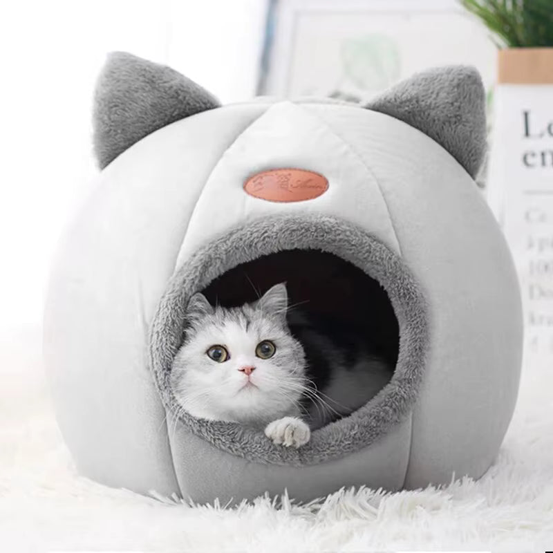 Vynex™ Cat Head Shape Cute Comfortable Warm Cat House Safe Sleep Cave Non-Slip Semi-Closed Design