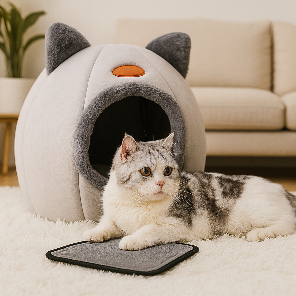 Vynex™ Cat Head Shape Cute Comfortable Warm Cat House Safe Sleep Cave Non-Slip Semi-Closed Design