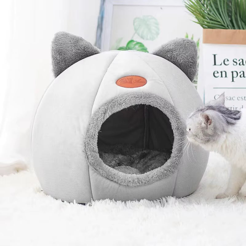 Vynex™ Cat Head Shape Cute Comfortable Warm Cat House Safe Sleep Cave Non-Slip Semi-Closed Design